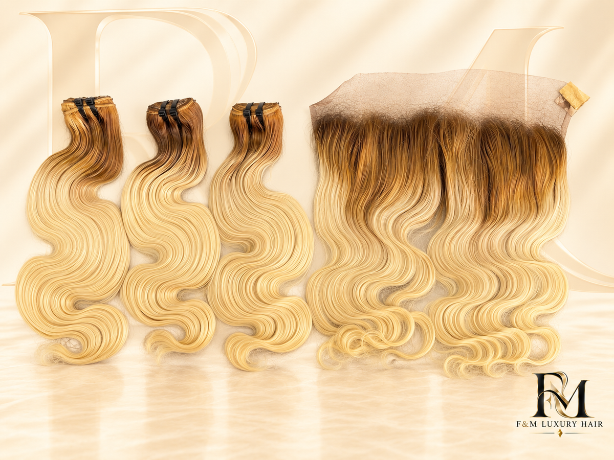 26” Golden Honey Blonde Body Wave — 3 Bundles + 26” HD Frontal