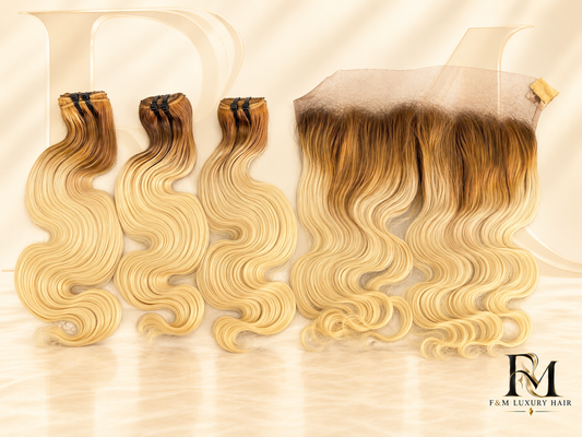 26” Golden Honey Blonde Body Wave — 3 Bundles + 26” HD Frontal