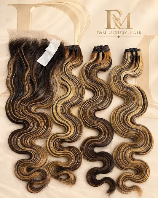 26” Chocolate Honey Ombré Wavy Luxury Set — 3 Bundles + 26” 5x5 HD Closure